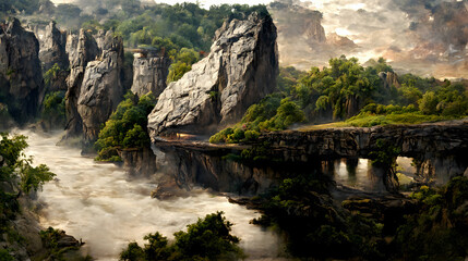 Artistic concept of painting a scary and dangerous landscape, background illustration, tender and dreamy design.   