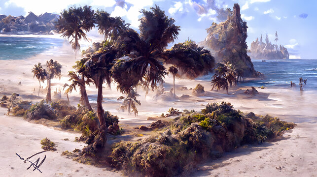 Artistic concept of watercolor beautiful painting of landscape with holiday climate and island along with palm trees and ocean