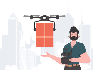 A man controls a quadcopter with a package. Delivery theme. trendy style. Vector.