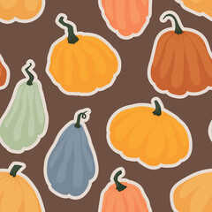 Ripe pumpkin vegetable fruit, vector seamless autumn pattern.