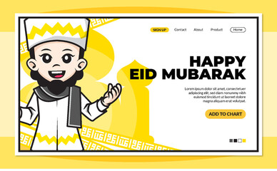 Landing page template with cute cartoon character of muslim person