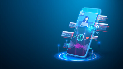 A person with headphones and a microphone in the phone screen is a support, help, call center employee. Remote online support. Remote desktop access. Vector illustration