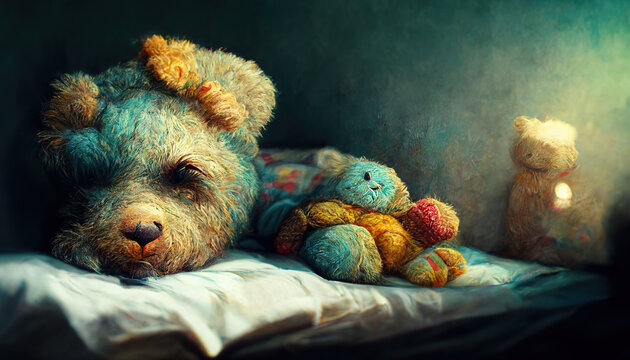 3D illustration of happy colorful teddy bear sleeping in bed