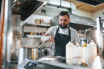 Pouring some salt. Professional chef preparing food in the kitchen