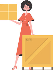 A woman stands and holds a parcel. Delivery concept. Isolated on white background. Vector.