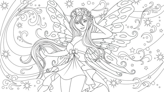 Vector illustration, cute young fairy in a beautiful dress