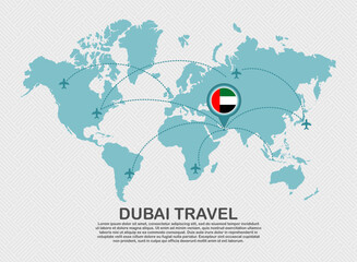 Travel to Dubai poster with world map and flying plane route business background tourism destination concept © Bakemon