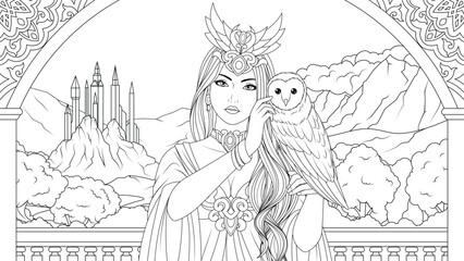 Vector illustration, a beautiful girl princess in a beautiful dress holds an owl in her arms