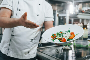 Holding and showing finished salad. Professional chef preparing food in the kitchen