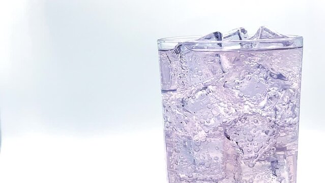 closeup of fizzy water and ice with bubbles. Sparkling cold soft drink, carbonated with cool iced tonic in a glasses.	
