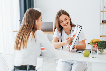 Woman showing illustration to the female customer. Professional medical worker in white coat is in...