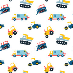 Seamless pattern with Hand drawn cute cars Truck, tractor, cargo crane, bulldozer, excavator.