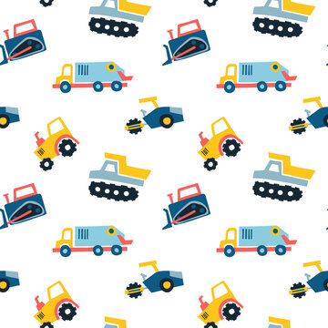 Seamless pattern with Hand drawn cute cars Truck, tractor, cargo crane, bulldozer, excavator.