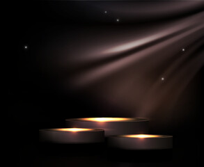 Round podium with bright light on a black embossed design