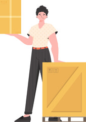 A man stands and holds a parcel. Delivery concept. Isolated on white background. Vector illustration.