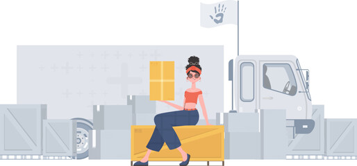 The woman is holding a box. The concept of humanitarian aid. Flat modern design. Vector.