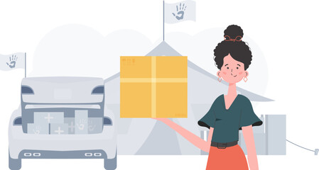 The woman is holding a box. The theme of humanitarian aid. Vector illustration.