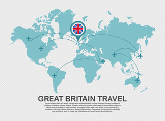 Travel to Great Britain poster with world map and flying plane route business background tourism destination concept