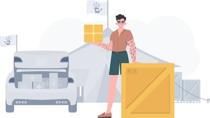 The man is holding a box. Camp with humanitarian aid. trendy style. Vector illustration.