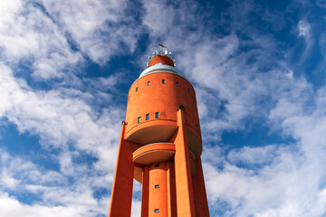 Hanko water tower, the famous landmark in Southern Finland in summer. Low-angle view