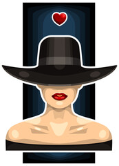 A girl with a heart above her head. A girl in a hat with brim. Red lips. There is a small heart above the head. Sticker.