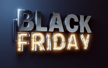 Black Friday logo. 3D rendering with white background. Gold and neon lettering.