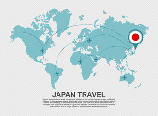 Naklejka premium Travel to Japan poster with world map and flying plane route business background tourism destination concept
