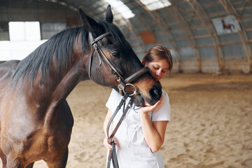 Fototapeta premium Checking the teeth and nose. Female doctor in white coat is with horse on a stable