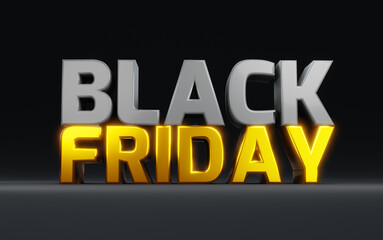 Black Friday logo. 3D rendering with black background. Gold lettering. 