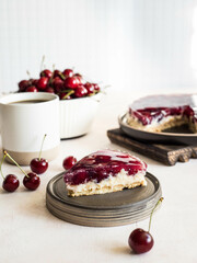slice of cherry pie on the kitchen table. Fruit pie. Tart.