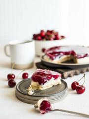 slice of cherry pie on the kitchen table. Fruit pie. Tart.
