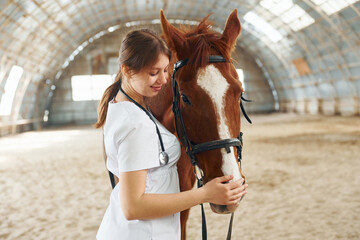 Obraz premium Brown colored hair. Female doctor in white coat is with horse on a stable