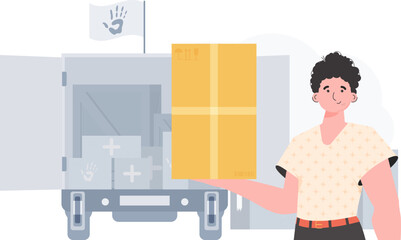 The man is holding a box. The concept of humanitarian aid. trendy style. Vector illustration.