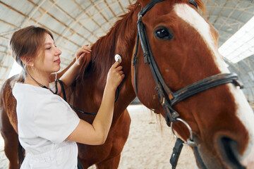 Listening by using stethoscope. Female doctor in white coat is with horse on a stable