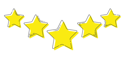 Five yellow stars with intermittent black line. Product quality rating or customer review. Vector illustration. 