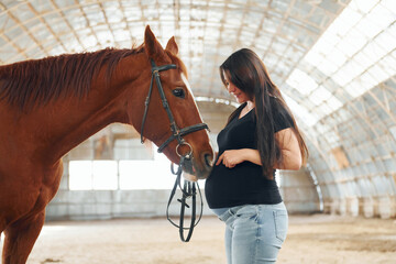 Side view. Beautiful pregnant woman in casual clothes is with the horse on a stable