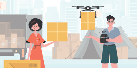 Camp for humanitarian aid. The quadcopter is transporting the parcel. Man and woman with cardboard boxes. Vector illustration.