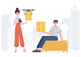 The concept of cargo delivery. The drone is transporting the parcel. Man and woman with cardboard boxes. Vector illustration.