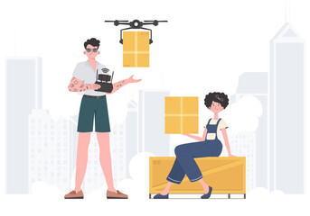 Delivery theme. The drone is transporting the parcel. Man and woman with cardboard boxes. Vector illustration.