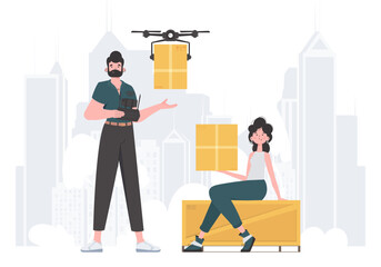 Delivery theme. The drone is transporting the parcel. Man and woman with cardboard boxes. Vector.
