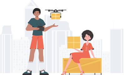 Delivery theme. The quadcopter is transporting the parcel. Man and woman with cardboard boxes. trendy style. Vector illustration.