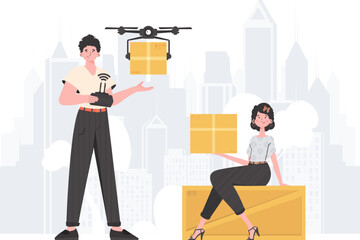 The concept of cargo delivery. The drone is transporting the parcel. Man and woman with cardboard boxes. trendy style. Vector illustration.