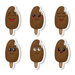 Vector set of funny ice cream stickers with kawaii emotions. Kawaii faces. Vector illustration of cartoon ice cream