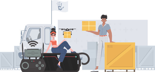The theme of humanitarian aid. The drone is transporting the parcel. Man and woman with cardboard boxes. Flat modern design. Vector.