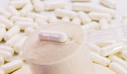creatine capsule, sports supplement, creatine, hmb, bcaa, amino acid or vitamin powder. Sports...