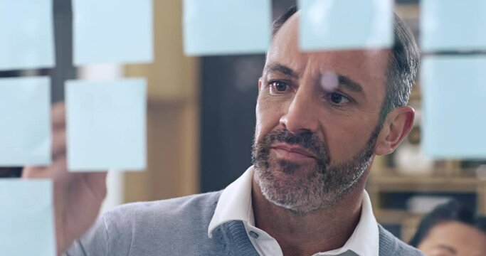 Business education, training and learning on a glass wall with sticky notes in a boardroom meeting. Manager planning strategy and brainstorming ideas with group of creatives in workshop presentation