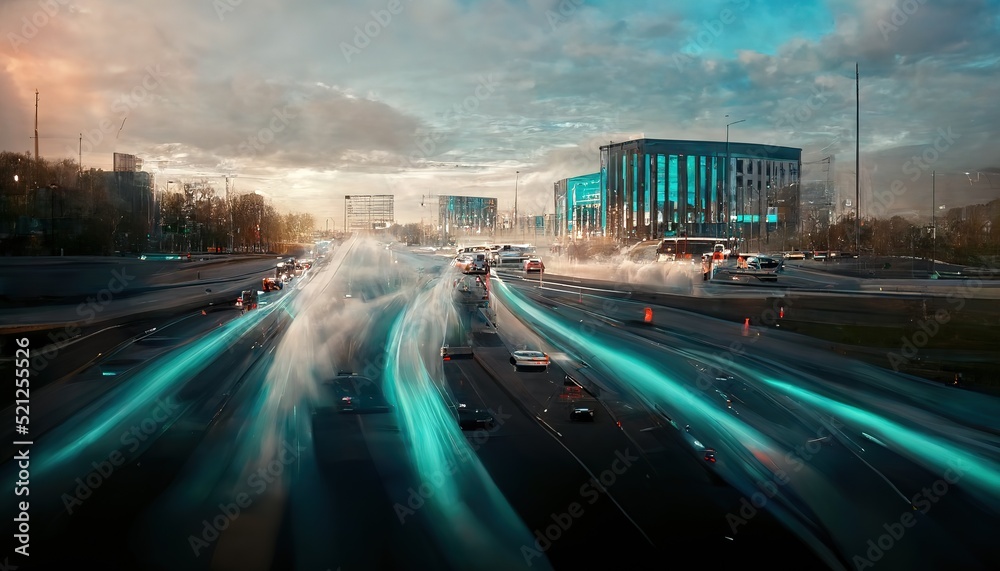 Fototapete digital data flow against the background of a city and a road with motion blur, fast data transfer. 