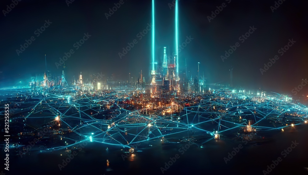 Aufkleber futuristic neon city in an isometric form. the concept of connecting devices, communication between 