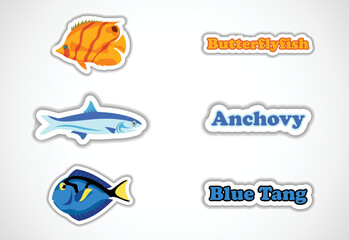 Sticker set of different fish, Flat vector illustration