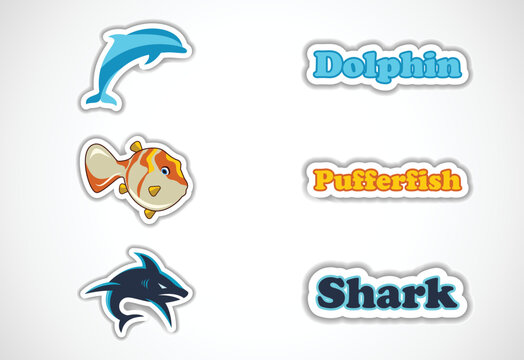 Sticker set of different fish, Flat vector illustration